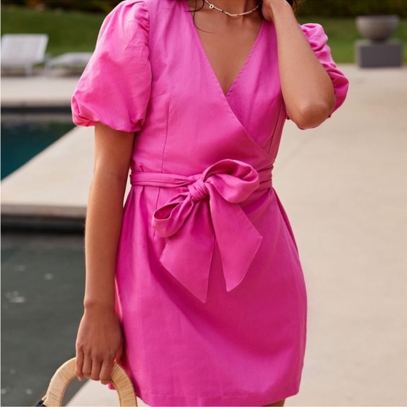 Anthro Charlie Holiday Margaux Wrap‎ pink linen wrap dress w puff sleeves size 4 - Picture 4 of 5
